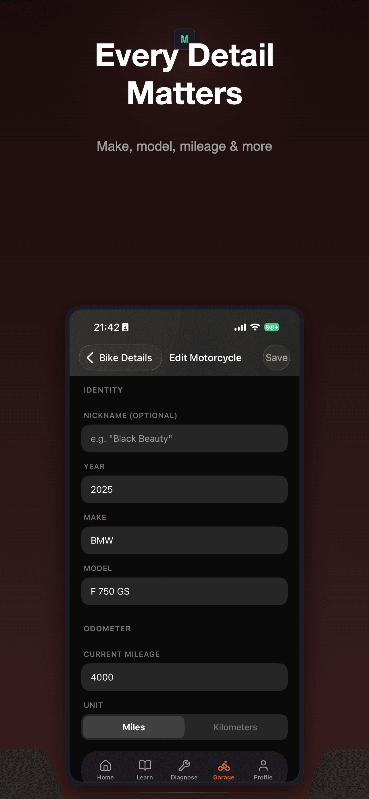 MotoVault bike editor for updating motorcycle information