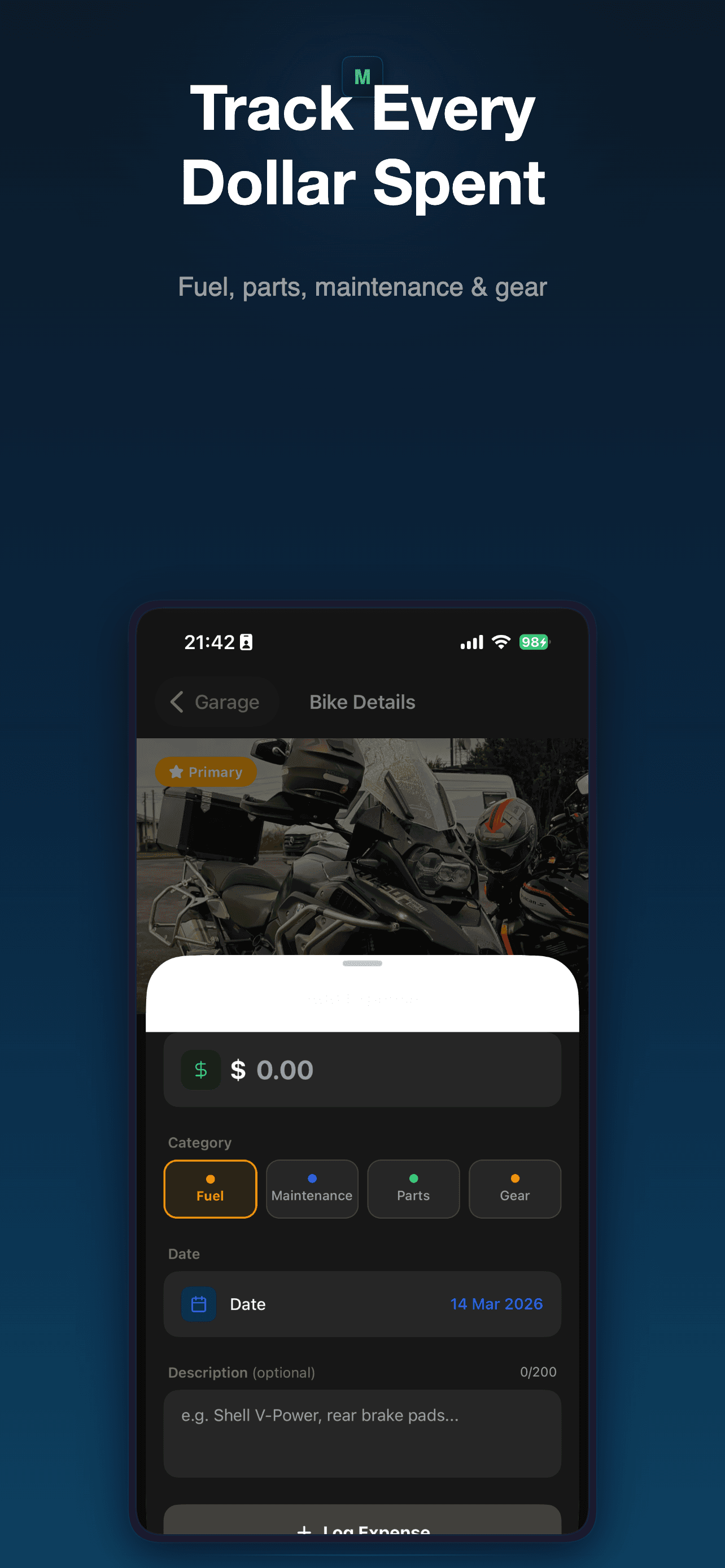 MotoVault expense tracker showing motorcycle ownership costs