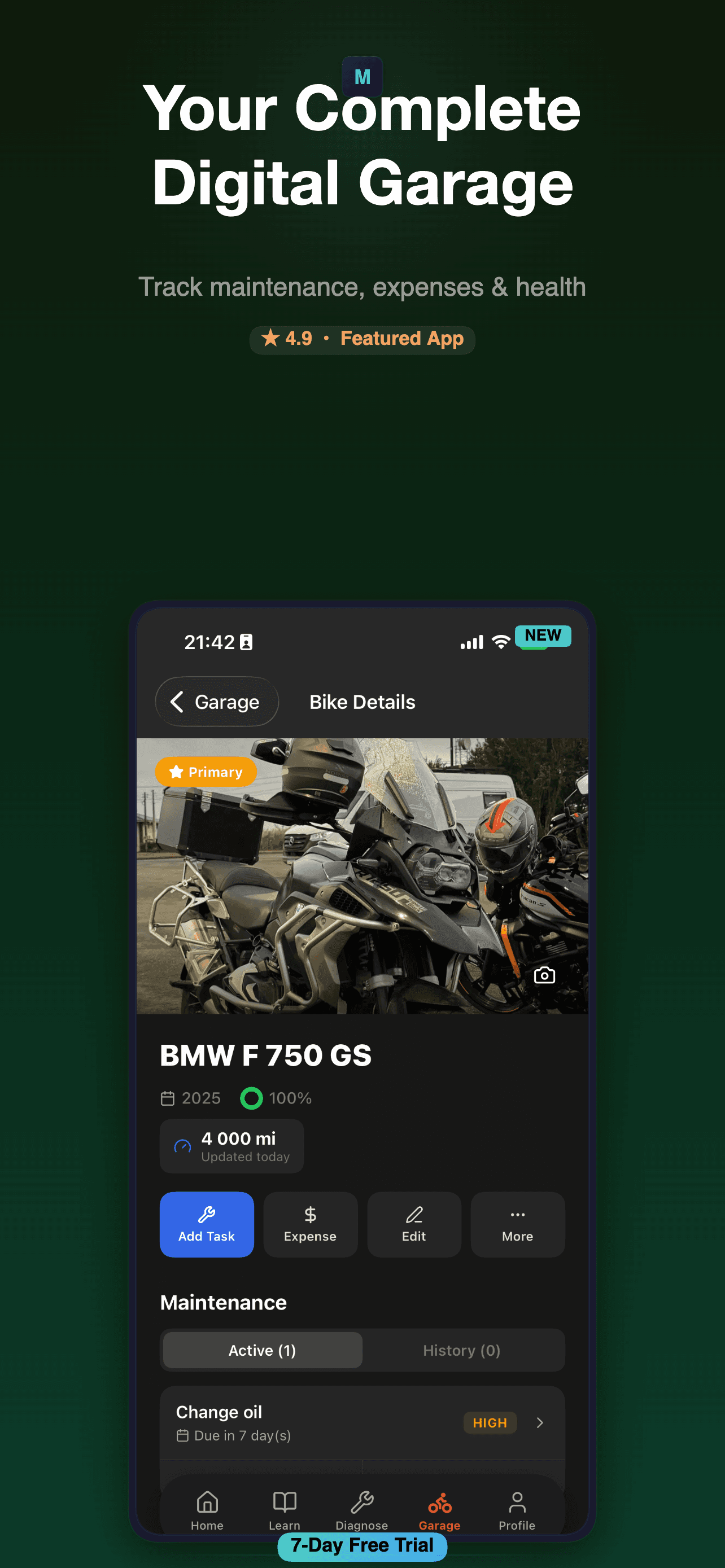 MotoVault digital garage with motorcycle details and service history