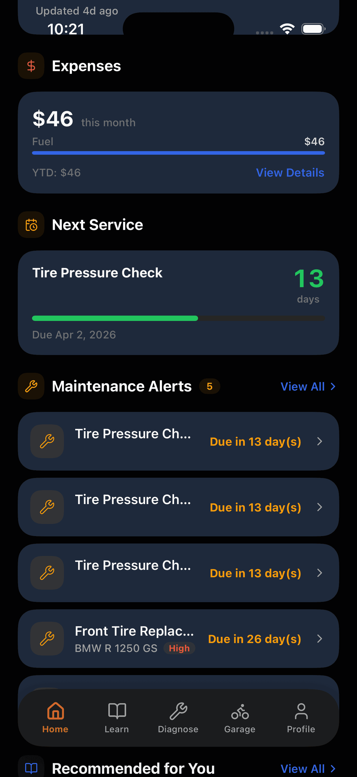 MotoVault upcoming service reminders and overdue tasks