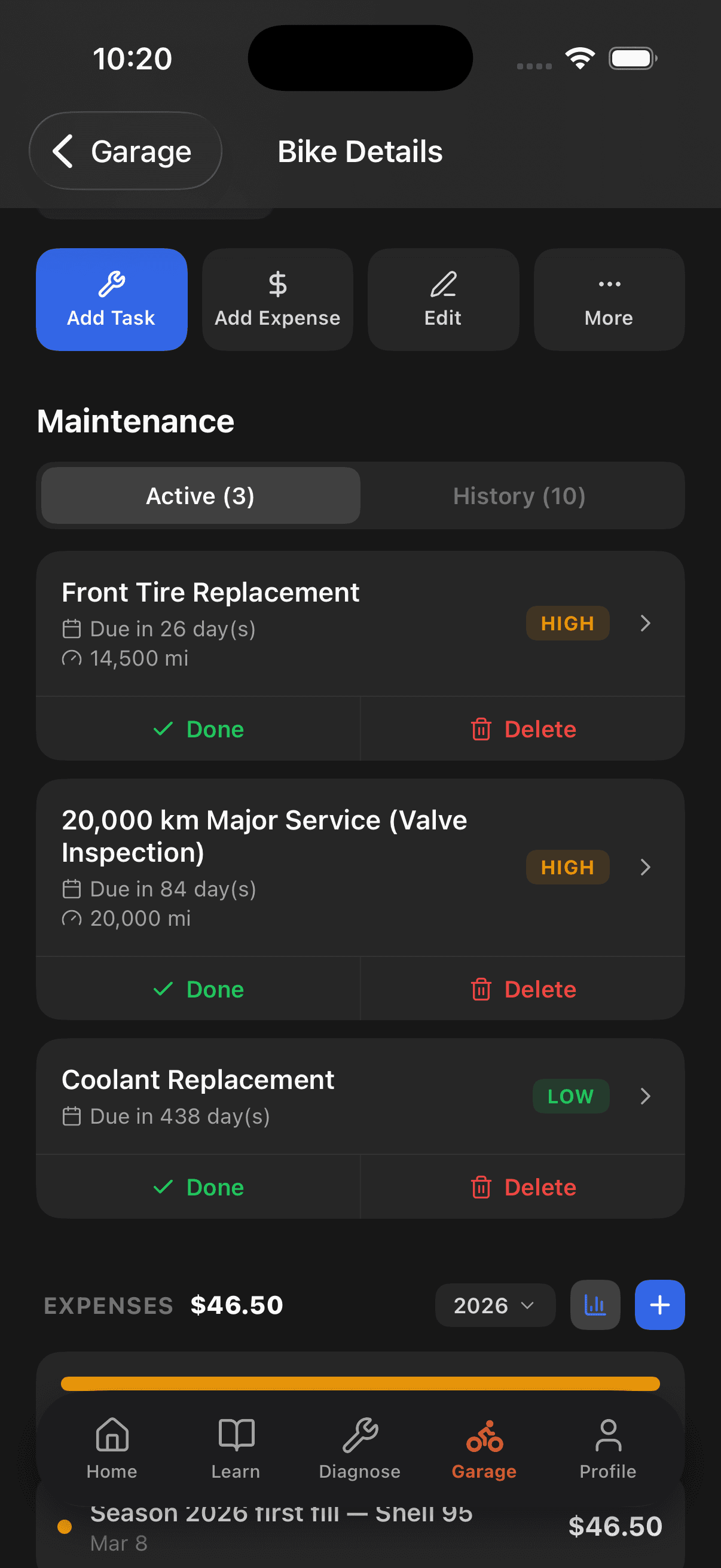 MotoVault maintenance log with service history and reminders