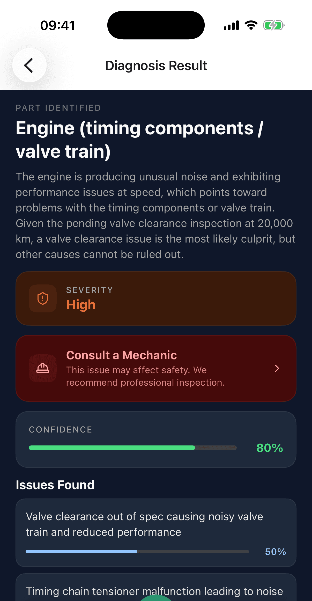 MotoVault AI diagnostic result showing chain tension analysis