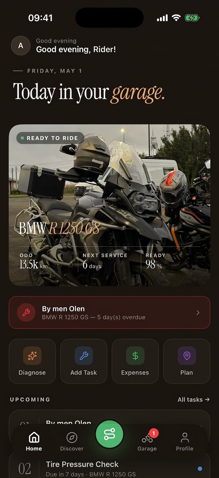 MotoVault home dashboard showing learning progress and recommendations