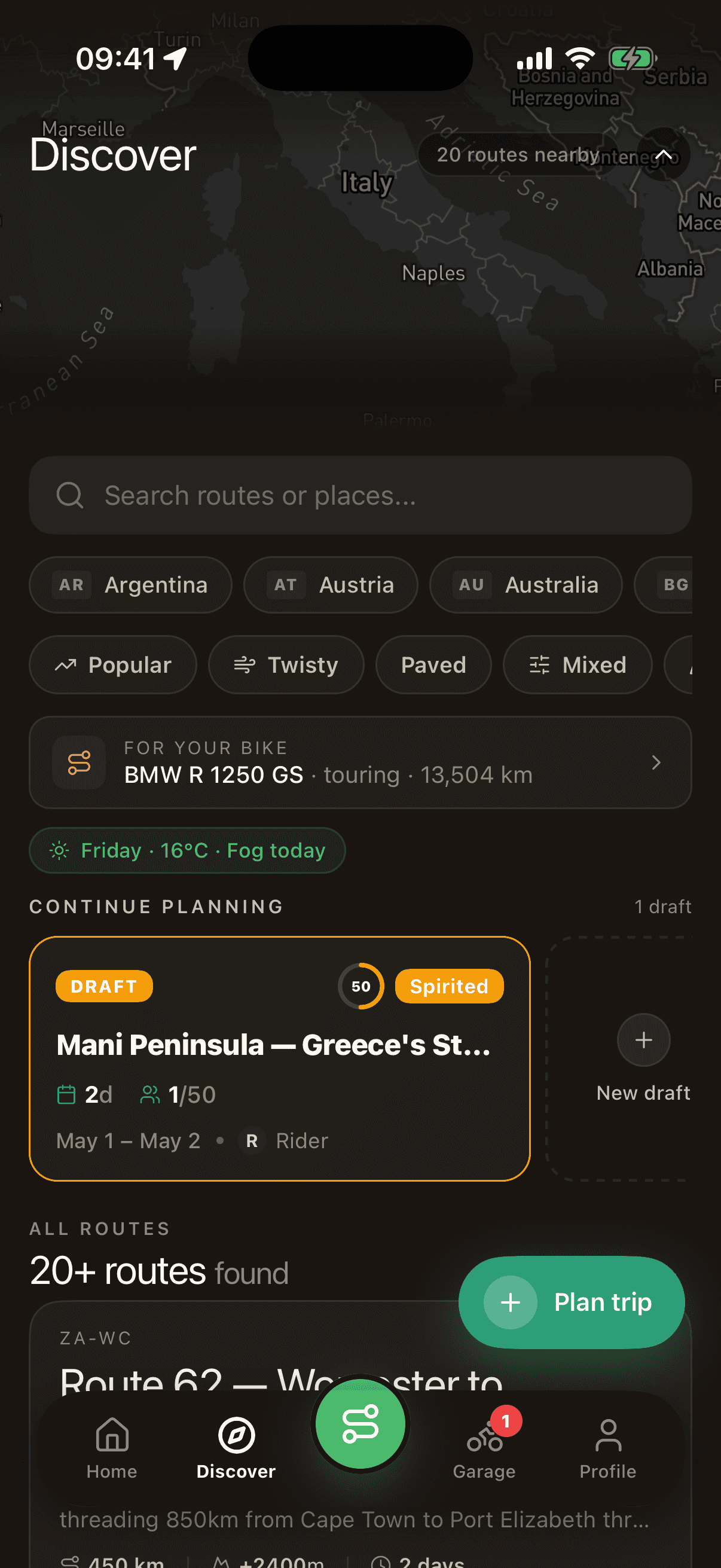 MotoVault trip planner showing a new route on a dark map