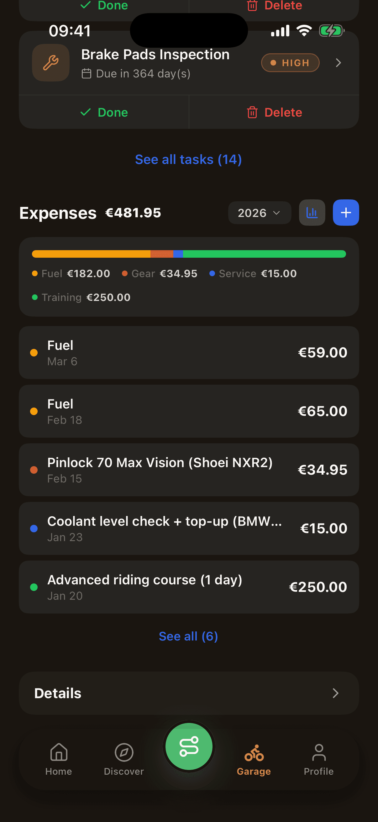 MotoVault ride list with distance and speed